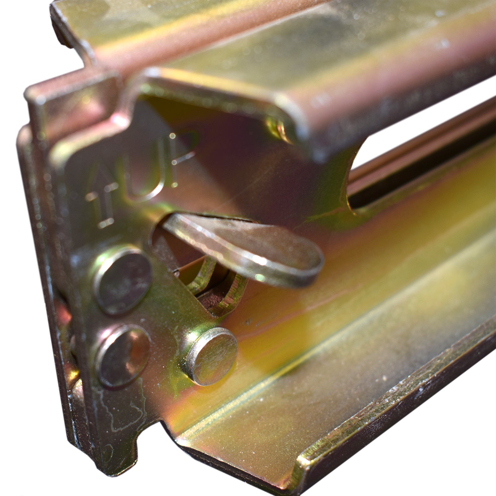 Aluminium Decking Beam for E-Track (2.3-2.6m), featuring a patented flat latch release mechanism, visible close-up of the heavy-duty aluminium construction.