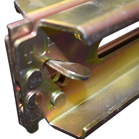 Aluminium Decking Beam for E-Track (2.3-2.6m), featuring a patented flat latch release mechanism, visible close-up of the heavy-duty aluminium construction.