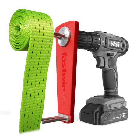 Cordless Drill Attachment Fast Strap Winder shown on a drill, designed for seamless strap management with state-of-the-art dry bearing technology. Drill not included.