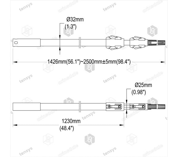 Glassfibre Pole for Mounty Applicator: CAD drawing showing adjustable rod-and-cable assembly with quick-disconnect connectors, suitable for edge protector placement up to 4.2m. Fast UK delivery available.