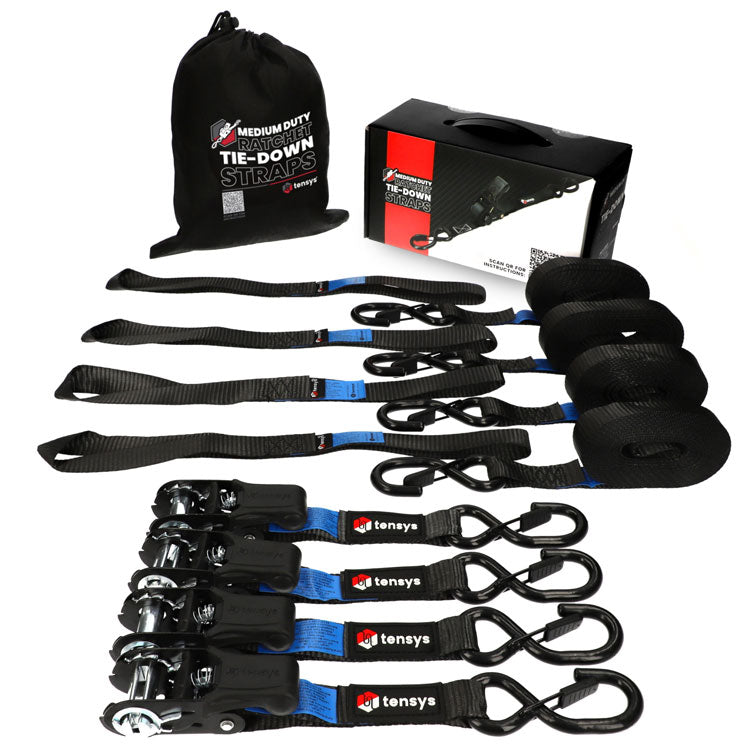 5m, 25mm wide, 800kg Premium Ratchet Strap with Soft Grip Moulded Handle and 'S' Hook Ends with Safety Catches (Pack of 4) shown with storage bag.