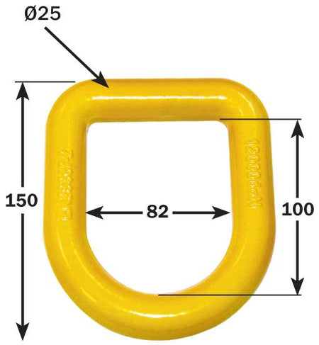 Weld On Lashing Link High Tensile Steel - 12,000kg with measurements, featuring a yellow chain and metal ring, designed for secure vehicle lashing.