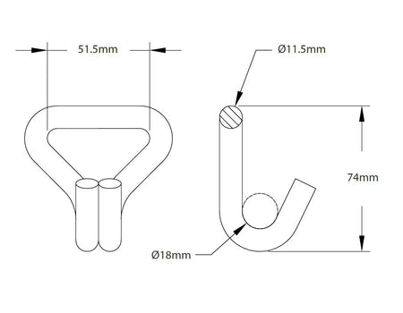 Diagram of a 50mm 5000kg Ratchet Strap Claw Hooks, showcasing wire and drawing elements, emphasizing its robust build and 20-metre length.