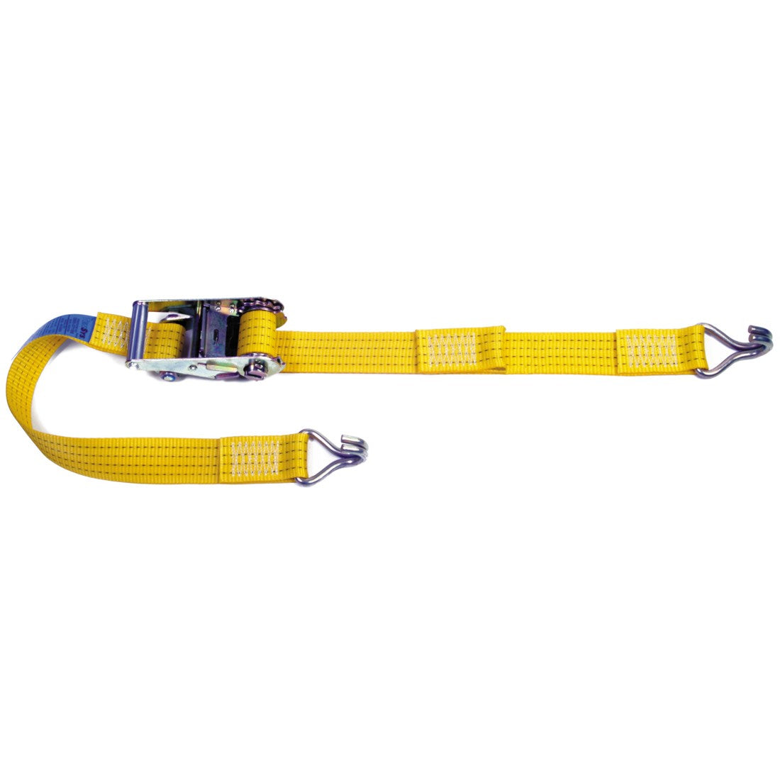 IBV50-6 Internal Box Van Straps with yellow polyester webbing, heavy-duty ratchet buckle, and metal claw hooks for secure load restraint.