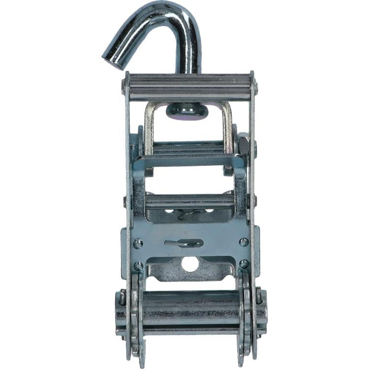 5,000kg Narrow Handled Ratchet with Swivel Hook, featuring a metal lock and swivel mechanism, ideal for car transport applications using 50mm webbing straps.