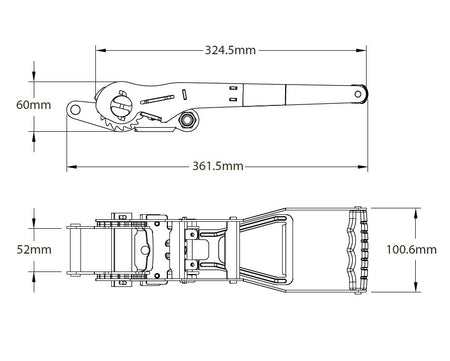Drawing of a 50mm 5000kg ERGO Ratchet Strap with Claw Hooks, showcasing technical details like tensioner design and strap specifications.