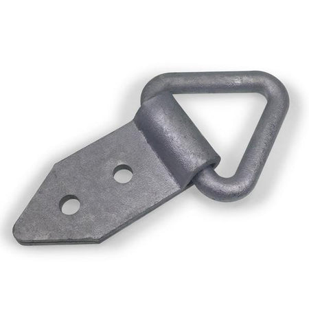 Long Plate Lashing Ring - Bolt On: Close-up of a galvanized metal hook with fixing holes, designed for heavy load restraint, 100mm x 48mm plate, 1-tonne capacity.
