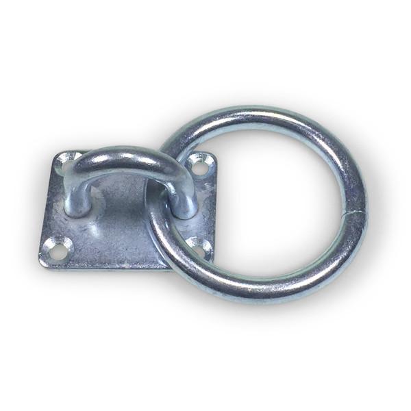 Zinc Plated Lashing Ring, featuring a metal ring with a central hole, perfect for securing loads. Plate measures 50mm x 40mm, ring 65mm x 8mm.