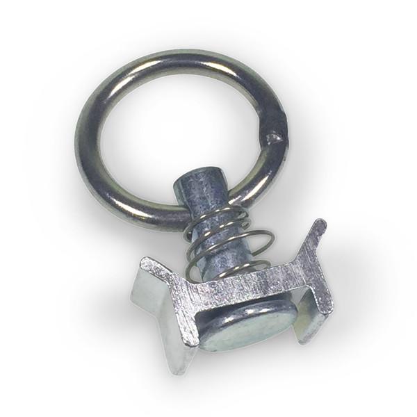Single Stud Fitting featuring a metal key ring with a spring, suitable for 20mm holes, 5mm x 39mm diameter, 61mm height, 1800kg breaking strength.
