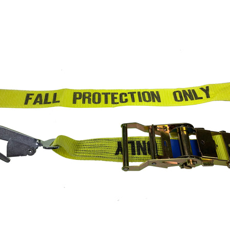 Fall Protection Ratchet Strap with Snap Hooks, 15 Metre Length, featuring yellow webbing with black FALL PROTECTION ONLY text and twisted snap hooks for secure attachment.