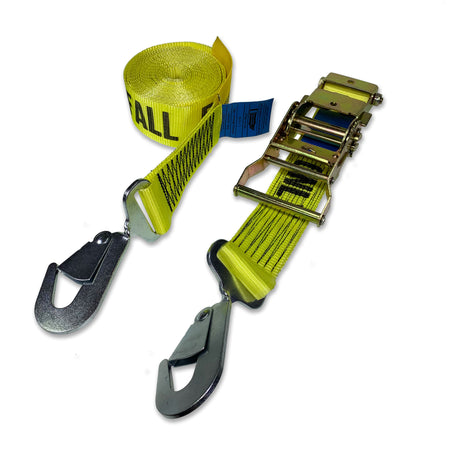 Fall Protection Ratchet Strap with Snap Hooks, 15 meters, featuring black text FALL PROTECTION ONLY, metal clasp, twisted snap hooks, and ratchet buckle for secure tensioning.