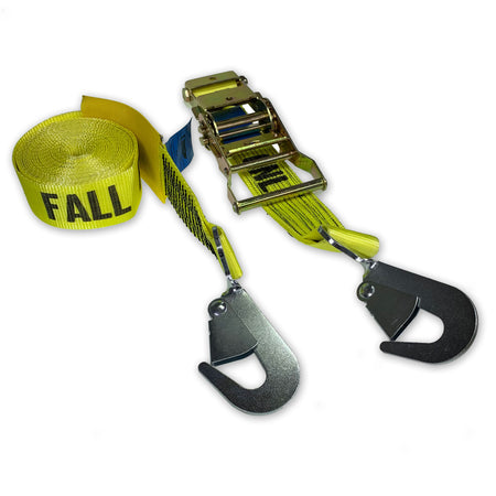 Fall Protection Ratchet Strap with Snap Hooks - 10 Metre Length, featuring yellow webbing with 'FALL PROTECTION ONLY' text, metal buckle, and twisted snap hooks for secure fitting.