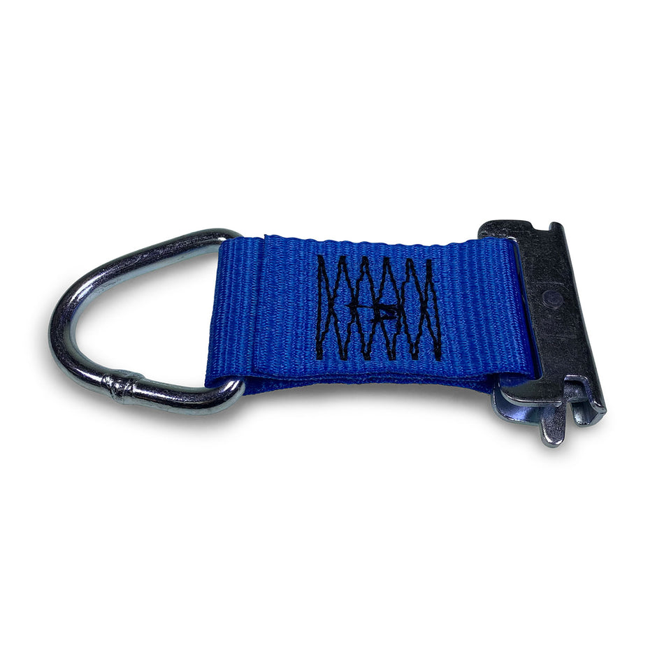 Lashing Extension for 'E' Load Track - 2000kg, featuring a blue strap with a metal ring, designed for easy claw hook attachment in tight spaces.