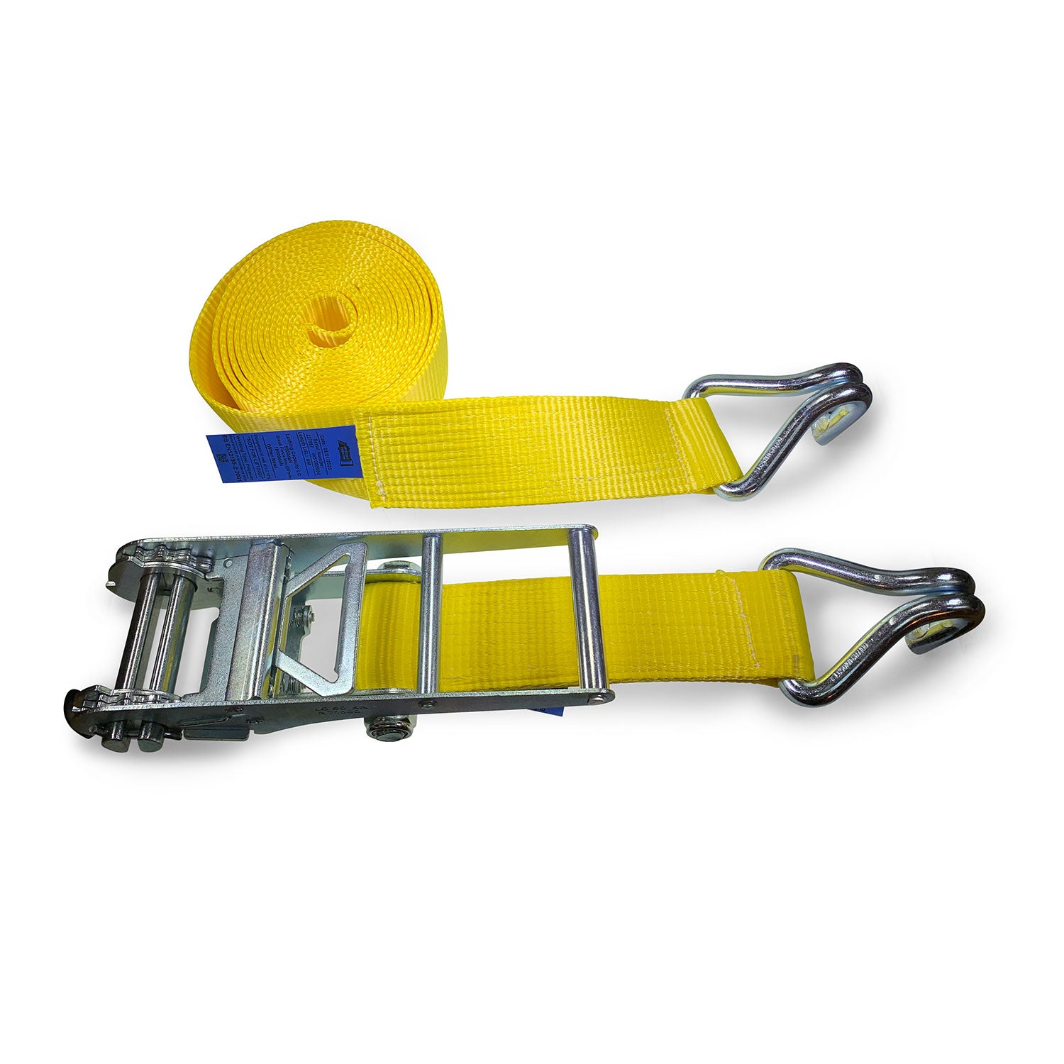 10,000kg Ratchet Strap with Claw Hooks, featuring a robust metal hook and durable yellow webbing, designed for securing large industrial machinery.