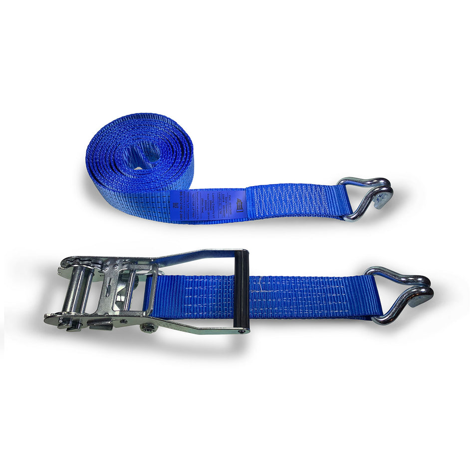 50mm 5000kg Ratchet Strap Claw Hooks, featuring a blue strap with a metal buckle and hook, designed for secure load restraint over 15 meters.