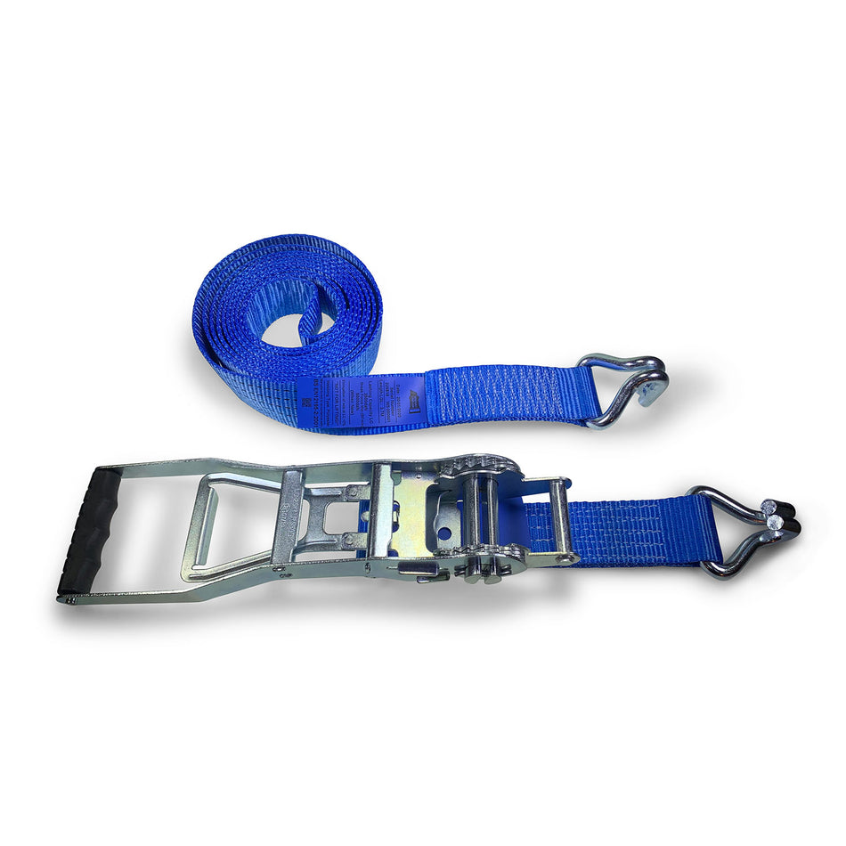 50mm 5000kg ERGO Ratchet Strap with Claw Hooks, featuring a metal handle and label, ideal for efficient tensioning and load restraint.