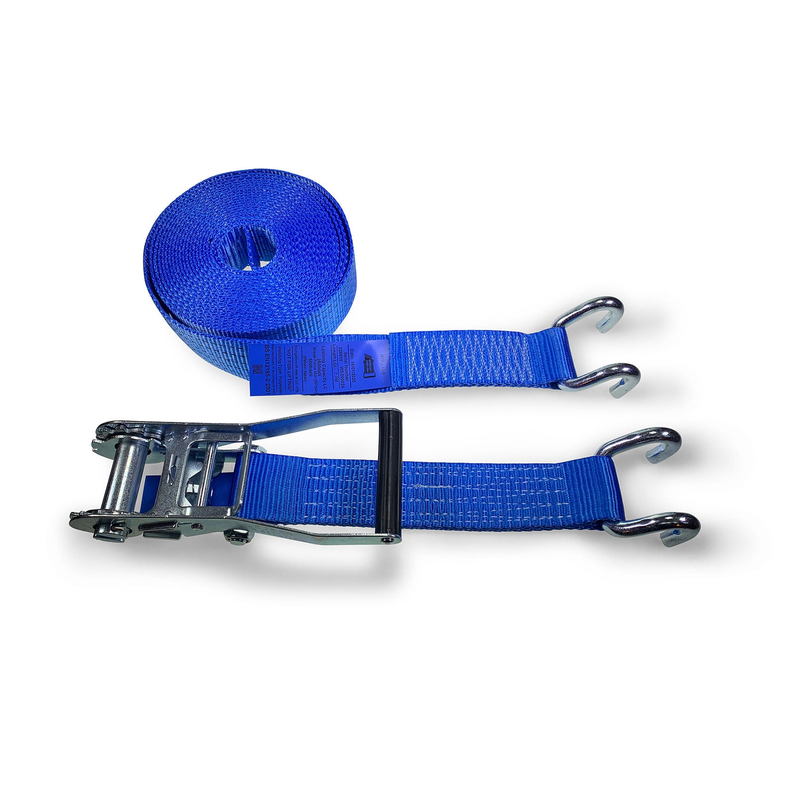 50mm 5000kg Ratchet Strap with Chassis Hooks featuring a metal handle, label, and hooks, showcasing strong webbing and a powerful ratchet tensioner, 6 metres long.