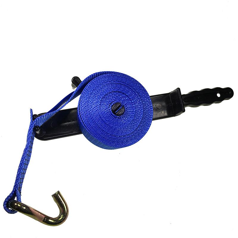 Handheld Strap Winder/Rewinder with a blue rope on a black hook, ideal for efficiently rolling up 12m of heavy-duty ratchet strap webbing.
