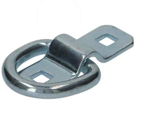 LR2 Lashing Ring with Cleat, close-up of metal ring and key, 2.5 tonne break force, silver zinc plated, bolt/weld on cleat.