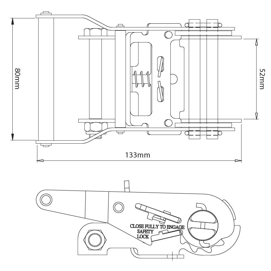 50mm wide, 6m length ratchet strap with claw hook ends, features a powerful ratchet tensioner and durable polyester webbing, compliant with EN12195-2: 2001 standards.