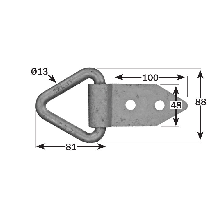 Long Plate Lashing Ring - Bolt On, featuring a sturdy metal hook with measurements, designed for high corrosion resistance and a 1-tonne load capacity.