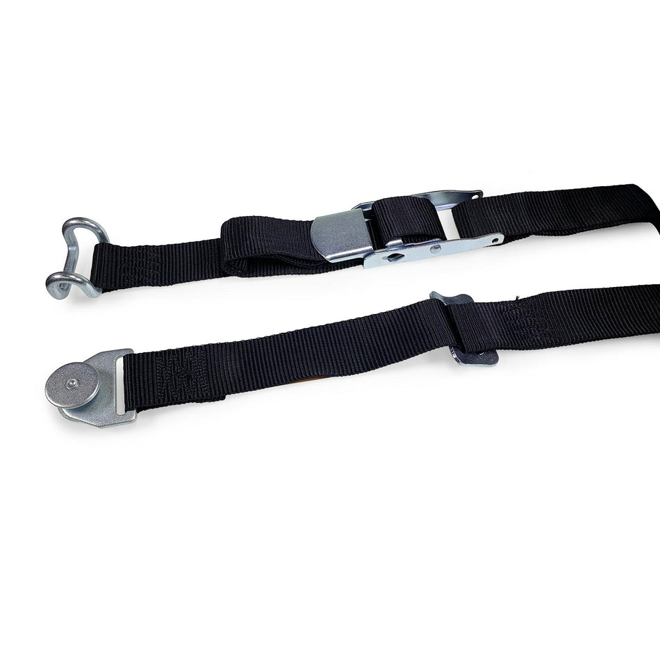 Internal Cargo Strap 4.5m with Net Hanger and Rave Hook, featuring black polypropylene webbing, carbon steel adjuster, and zinc-plated overcentre buckle for load retention.
