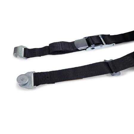 Internal Cargo Strap 4.5m featuring black polypropylene webbing, zinc-plated buckle, and carbon steel adjuster, designed for secure load retention in curtainside vehicles.