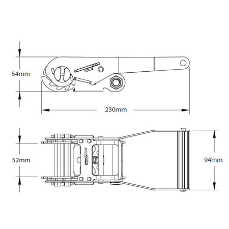 Technical drawing of the 50mm 5000kg Ratchet Strap Claw Hooks, showcasing detailed components like the claw hooks and ratchet tensioner, emphasizing its robust design.