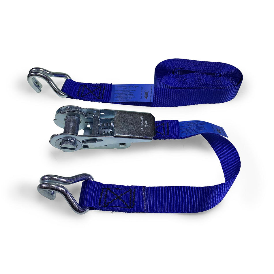 25mm Wide, 800kg Ratchet Strap with Claw Hook Ends, featuring a paddle handle ratchet and 6m blue polyester webbing, compliant with EN12195-2: 2001.