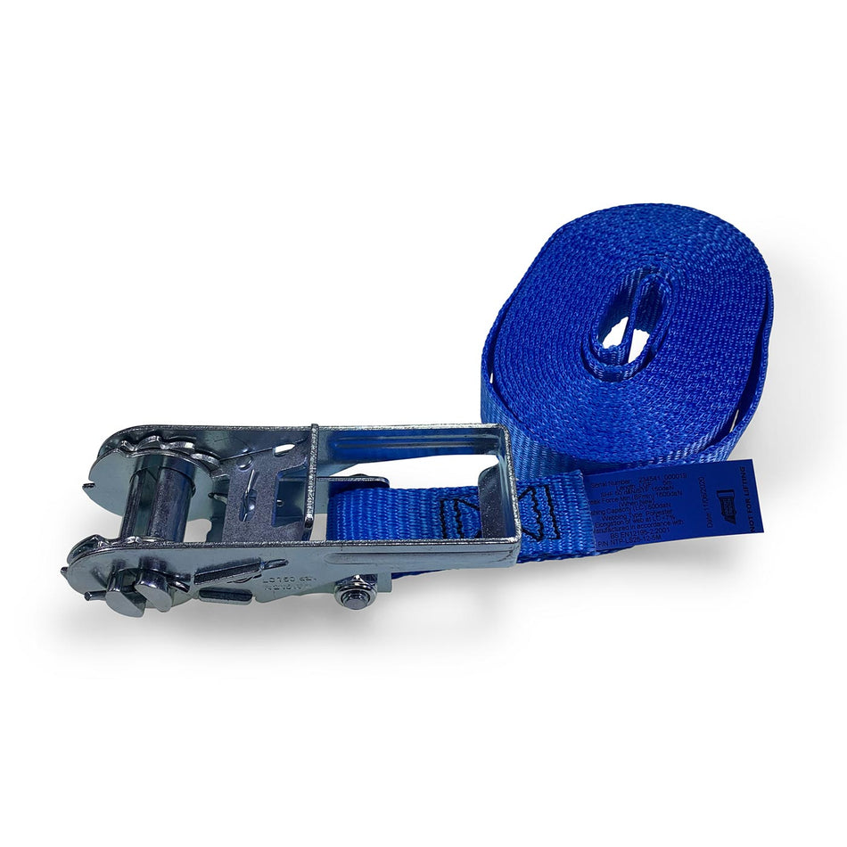 25mm wide, 1500kg, 5m max length ratchet strap featuring a metal buckle and powerful ratchet tensioner, ideal for secure load restraint.