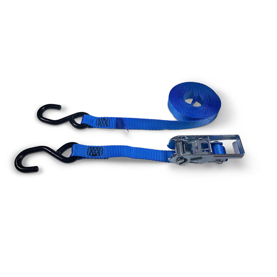 25mm Wide, 1500kg 5m Max Length Ratchet Straps with 'S' Hook Ends, featuring a blue polyester webbing and black epoxy-coated hooks.