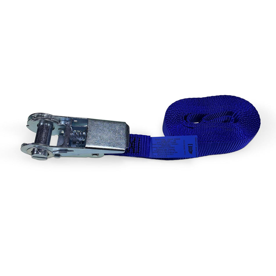 25mm Wide, 800kg Endless Ratchet Strap with a metal clasp, featuring durable blue polyester webbing, 8 metres long, suitable for secure load restraint.