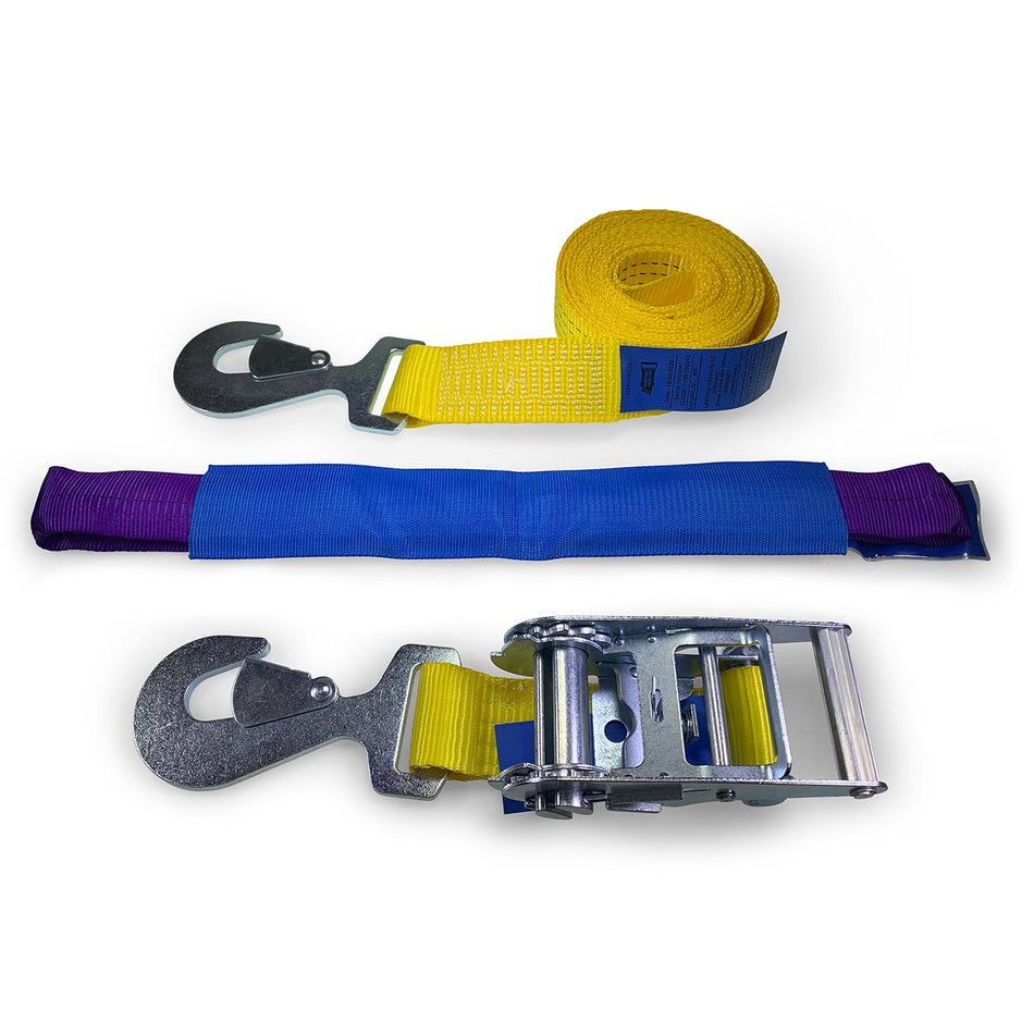 Car Transporter Wheel Straps featuring snap hooks and a soft eye diverter, showcasing a durable metal buckle and hook for secure vehicle transport and recovery.