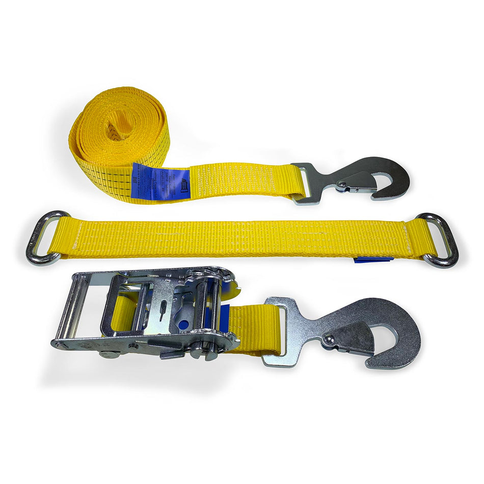 Car Transporter Wheel Straps featuring a snap hook and steel eye diverter, designed for vehicle transport and recovery with a durable ratchet buckle.