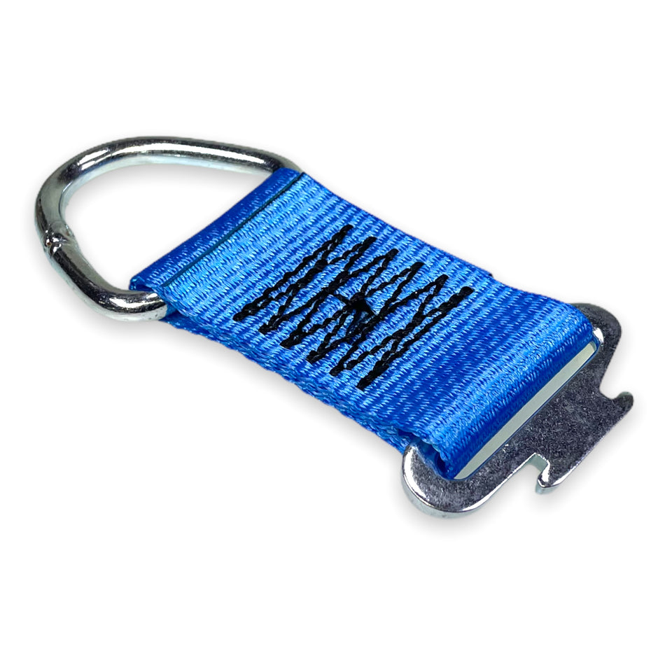 Lashing Extension for 1806 Load Track - 1200kg, featuring a blue strap with a metal hook, designed to fit load tracks for secure claw hook attachment.
