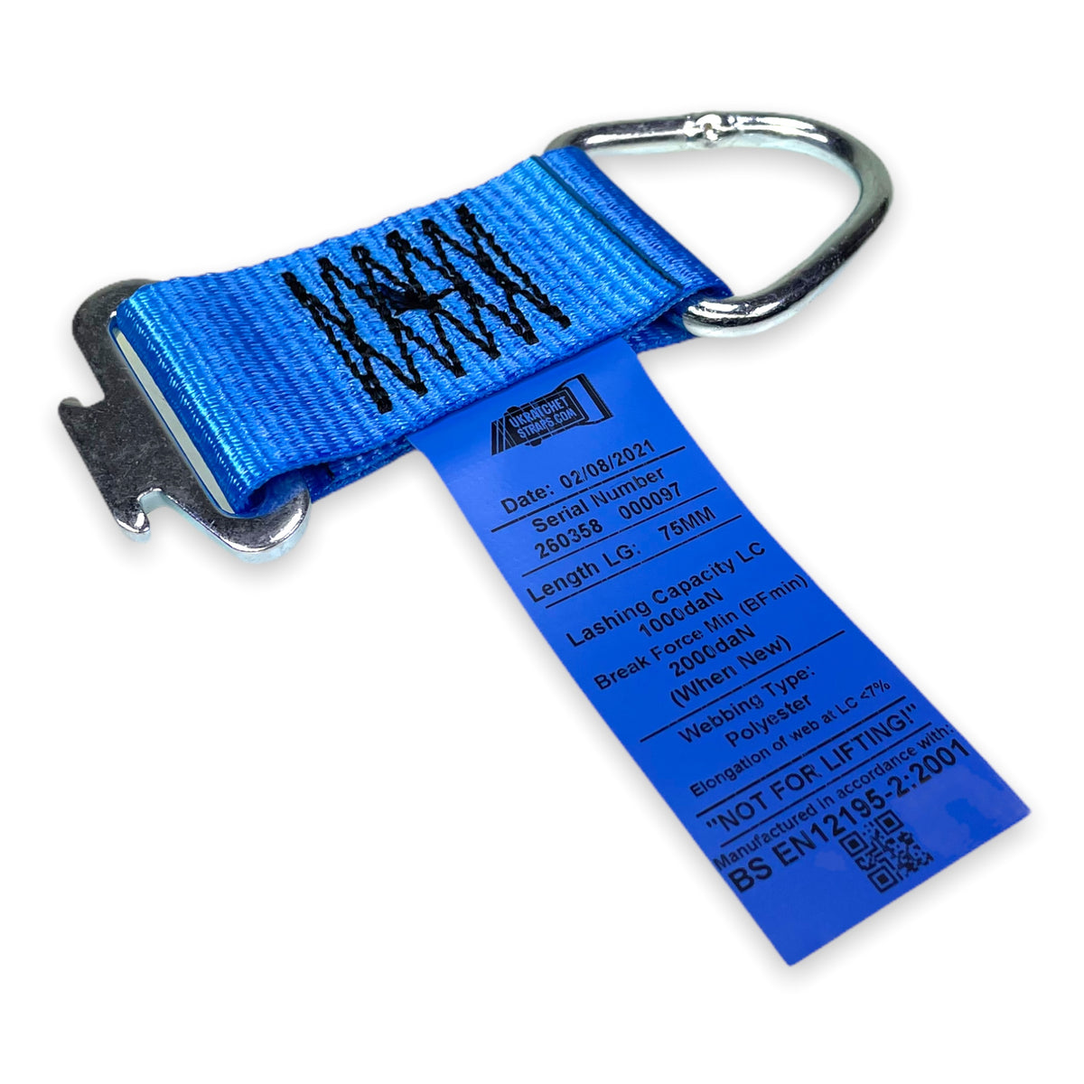 Lashing Extension for 1806 Load Track, featuring a blue strap with a metal hook and label, designed for secure load locking.