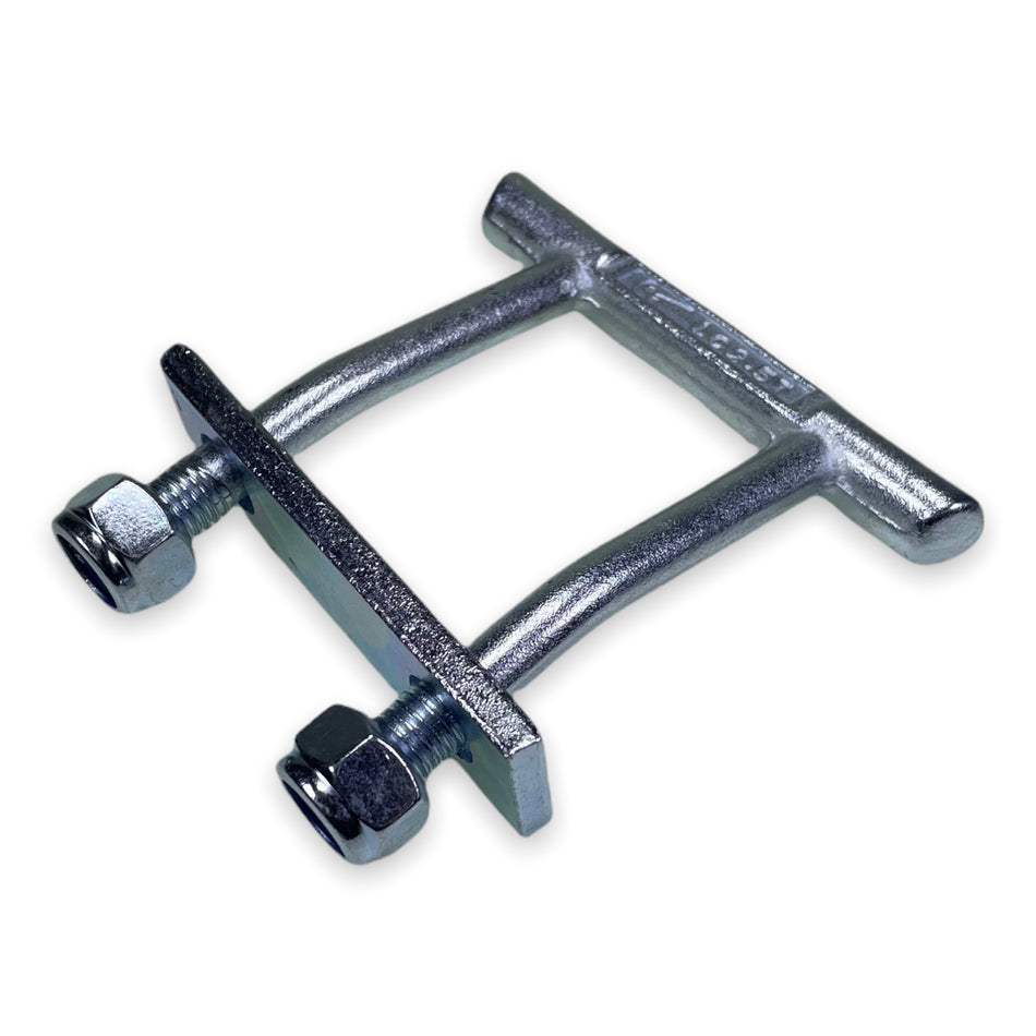 TT Lashing Ring with bolt, nut, and securing plate; zinc-plated, double-forged, 57mm leg centers, 2500 daN tensile load capacity.