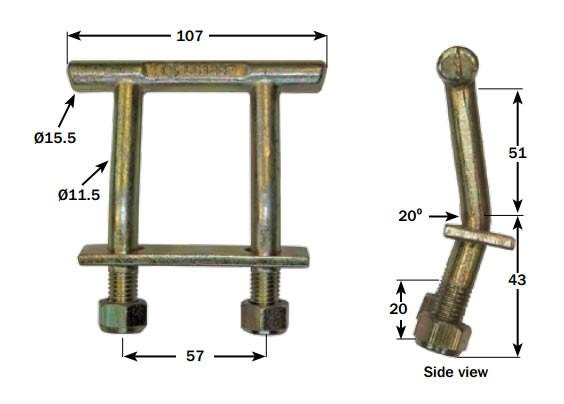 Close-up of TT Lashing Ring with double forged construction, zinc-plated finish, and 57mm leg centres, featuring several bolts and a securing plate.