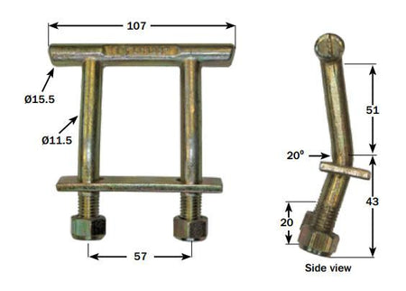 Close-up of TT Lashing Ring with double forged construction, zinc-plated finish, and 57mm leg centres, featuring several bolts and a securing plate.