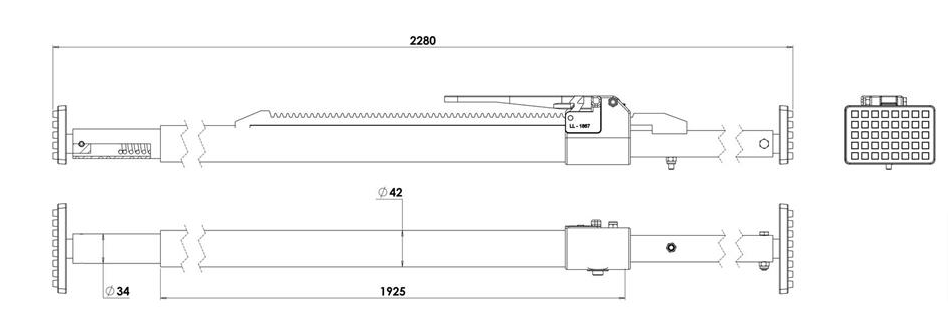 Diagram of Cargo Stay (2256mm to 2620mm) with rubber feet, rack and pinion tension system, and adjustment range, suited for vehicles without anchor tracks.