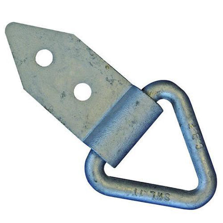 Long Plate Lashing Ring - Bolt On, featuring a triangular metal plate with a hole and a 13mm diameter ring, designed for heavy-duty load restraint.