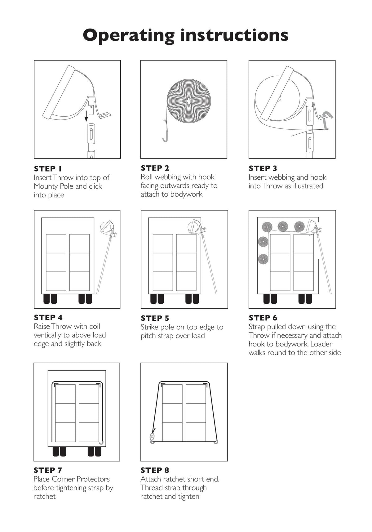 Mounty Throw Heavy Duty diagram showing step-by-step usage instructions for securing loads with straps, featuring technical drawings and measurements. Pole sold separately.