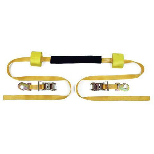 Motorcycle Recovery Strap - Flat Snap Hooks with 35mm ratchet buckle, fleece protection sleeve, and soft loop ends, ideal for secure motorcycle transport.