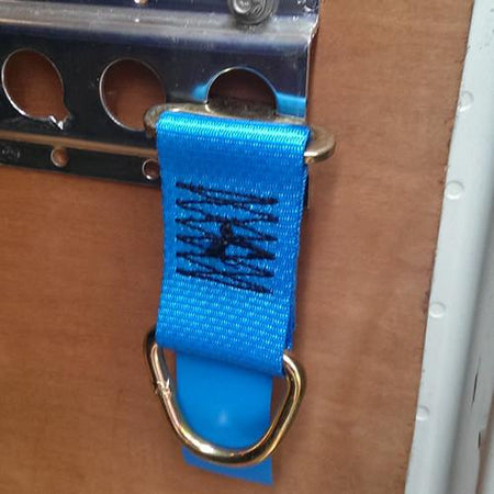 Lashing Extension for 1806 Load Track - 1200kg, featuring a blue strap with metal clip, designed for secure load restraint and easy claw hook attachment.