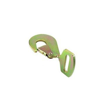 Fall Protection Ratchet Strap with Snap Hooks, featuring twisted metal hooks and a ratchet buckle, designed for secure fastening on vehicles and trailers.
