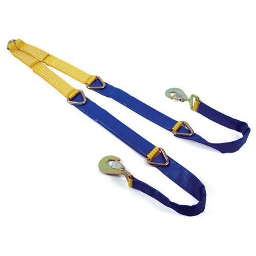 Webbing Winch Brothers: Heavy-duty webbing with snap hook fittings and delta rings for adjustable length, featuring a PVC sleeve for protection, ideal for load restraint.