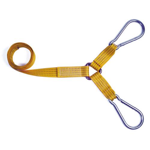 Spec Lift Strap with metal hooks for securing vehicles on spectacle lift frames, featuring a large safety carbine hook and 3000 daN minimum break force.